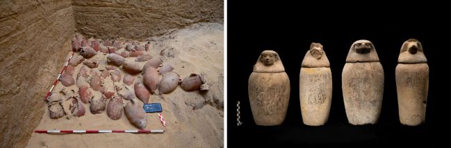 Nález zásobnic obsahujících zbytky po provedené mumifikaci (vlevo) a čtyři Kanopy (vpravo). Foto: Petr Košárek, Archiv Českého egyptologického ústavu FF UK.